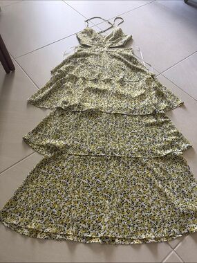 essue Yellow & Black Floral Spaghetti Strap Dress